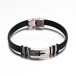 Jewelry Black Color PU Leather Cord Bracelets, with 304 Stainless Steel Findings and Watch Band Clasp, Cross, Stainless Steel Color, 230x10mm(BJEW-G467-06)