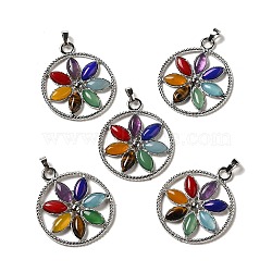 Chakra Natural Gemstone Pendants, Flat Round with Flower Charms with Alloy Rings, Mixed Dyed and Undyed, Platinum, 49.5x39x4.5mm, Hole: 5.5x5mm(G-H307-01P)