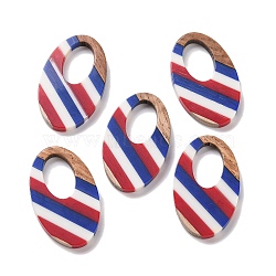 Independence Day Opaque Striped Resin & Walnut Wood Pendants, Geometric Charms, Oval, 35.6x21.7x3.5mm, Hole: 16x10mm(RESI-U010-02M)