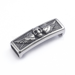 Retro 304 Stainless Steel Slide Charms/Slider Beads, for Leather Cord Bracelets Making, Rectangle with Skull and Wing, Antique Silver, 11x34x8mm, Hole: 5x8.5mm(STAS-L243-006AS)
