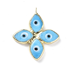 Handmade Lampwork Big Pendants, with Eco-friendly Ligh Gold Brass Findings, Long-Lasting Plated, Cadmium Free & Lead Free, 4-Petal Flower with Evil Eye Charm, Light Sky Blue, 53x46x4mm, Hole: 4.5mm(LAMP-C009-03LG-03)