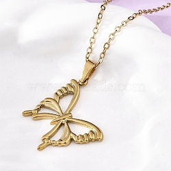 Hollow Butterfly 304 Stainless Steel Pendant Necklaces, Ion Plating(IP), Real 18K Gold Plated, 17.99 inch(45.7cm)(NJEW-M096-16G)