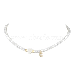 Brass Micro Pave Grade AAA Cubic Zirconia Letter Pendant Necklaces, Heart & Round Baking Painted Pearlized Glass Pearl Beaded Necklaces for Women, Letter C, 15.20 inch(38.6cm)(NJEW-JN04771-03)