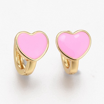 Brass Enamel Huggie Hoop Earrings, Long-Lasting Plated, Heart, Real 18K Gold Plated, Pearl Pink, 10x15x2.5mm, Pin: 1mm