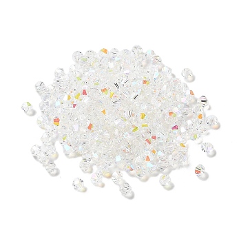 Electroplate Glass Beads, Bicone, Rainbow Plated, Clear, 3~4x3~3.5x3~4mm, Hole: 1mm, hole: 1mm, 720pcs/bag