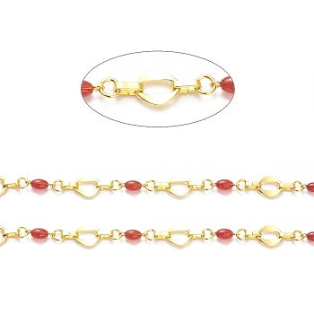 Rack Plating Brass Rhombus & Ring & Oval Link Chains, with Red Glass Beaded, Unwelded, with Spool, Lead Free & Cadmium Free, Real 18K Gold Plated, Link: 12x10x1mm, 5.5x1mm, 13x4.5mm, 8x2x3mm