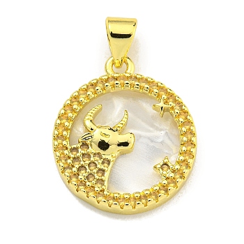 Brass Micro Pave Clear Cubic Zirconia Pendants, with Shell, Real 18K Gold Plated, Taurus, 19x16.8x3mm, Hole: 4x3.5mm