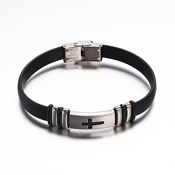 Jewelry Black Color PU Leather Cord Bracelets, with 304 Stainless Steel Findings and Watch Band Clasp, Cross, Stainless Steel Color, 230x10mm