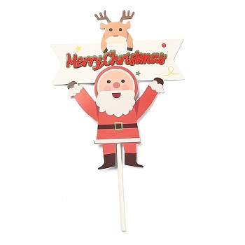 Paper Santa Claus Cake Insert Card Decoration, with Bamboo Stick, for Christmas Cake Decoration, Red, 165mm