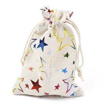 Christmas Theme Cotton Fabric Cloth Bag, Drawstring Bags, for Christmas Party Snack Gift Ornaments, Star Pattern, 14x10cm
