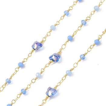 Butterfly & Round Glass Beaded Chains, Faceted, Unwelded, with Brass Chains, Golden, Royal Blue, 13~19x4~8x4~5mm