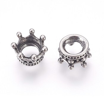 316 Surgical Stainless Steel European Beads, Large Hole Beads, Crown, Antique Silver, 10x5.5mm, Hole: 5mm