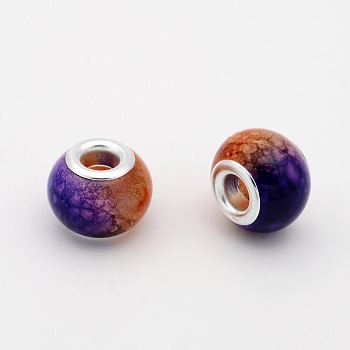 Large Hole Glass European Beads, with Silver Color Plated Brass Cores, Rondelle, Chocolate, 14x10mm, Hole: 5mm