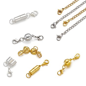 DIY Jewelry, 304 Stainless Steel End Chain and Brass Magnetic Clasps, Round & Column, Mixed Color, End Chain: 50~150x6.5mm, 8strands/set, Magnetic Clasps: 38.5x6mm,  15x10mm