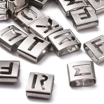 Letter Style 201 Stainless Steel Square Slide Charms, Random Mixed Letters, 9x8x4mm, Hole: 8x3mm
