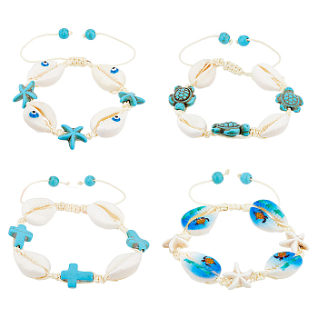 4Pcs 4 Style Natural Shell with Evil Eye Braided Bead Bracelets Set, Cross & Starfish & Turtle Polyester Adjustable Bracelets, Mixed Shapes, Inner Diameter: 2-1/8~3-1/2 inch(5.3~8.8cm), 1Pc/style
