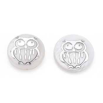 Natural Freshwater Shell Beads, Flat Round & Owl, Platinum, 15x4mm, Hole: 1mm