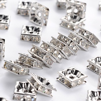 Brass Rhinestone Spacer Beads, Grade A, Nickel Free, Platinum Metal Color, Square, Crystal, 8x8x4mm, Hole: 1mm