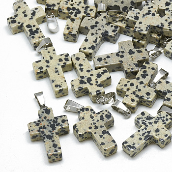 Natural Dalmatian Jasper Pendants, with Stainless Steel Snap On Bails, Cross, 29~30x18~19x5~6mm, Hole: 6x4mm