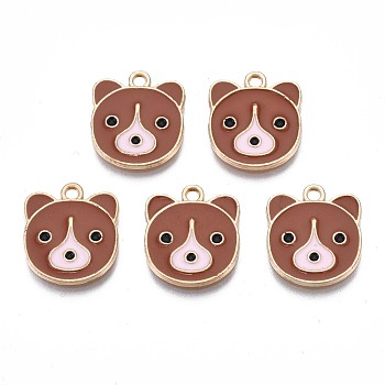 Alloy Enamel Pendants, Cadmium Free & Nickel Free & Lead Free, Light Gold, Bear Head, Sienna, 15.5x14x1.5mm, Hole: 1.6mm