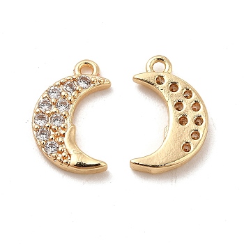 Rack Plating Brass Micro Pave Clear Cubic Zirconia Pendants, Long-Lasting Plated, Cadmium Free & Lead Free, Moon Charm, Real 14K Gold Plated, 11.5x7x2mm, Hole: 1mm