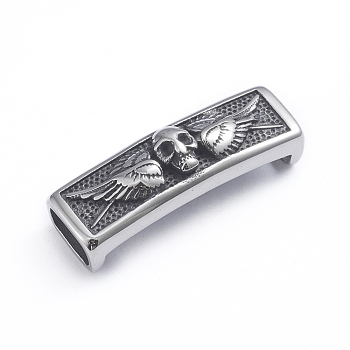 Retro 304 Stainless Steel Slide Charms/Slider Beads, for Leather Cord Bracelets Making, Rectangle with Skull and Wing, Antique Silver, 11x34x8mm, Hole: 5x8.5mm