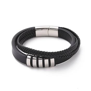 Black Microfibre Braided Cord Triple Layer Multi-strand Bracelet with 304 Stainless Steel Magnetic Clasps, Rectangle Beaded Punk Wristband for Men Women, Stainless Steel Color, 8-5/8 inch(22cm)