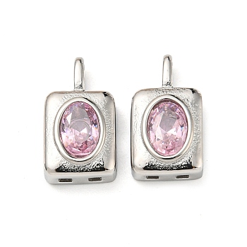 304 Stainless Steel Pendants, with Glass Rhinestone, Rectangle Charms, Pink, 14.5x7.5x4.5mm, Hole: 3x1.5mm