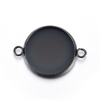 Stainless Steel Cabochon Connector Settings, Plain Edge Bezel Cups, Flat Round, Electrophoresis Black, Tray: 14mm, 16x21x2mm, Hole: 1.8mm