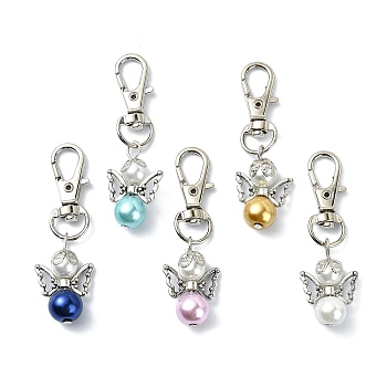 5Pcs Angel Glass Pearl Pendant Decorations, with Alloy Swivel Lobster Claw Clasps, Mixed Color, 53mm