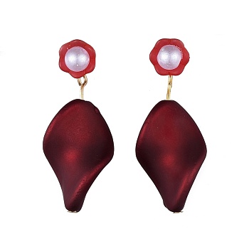 Rubberized Style Acrylic Dangle Earrings, with Brass Stud Earring Findings and Acrylic Imitation Pearl Beads, Twist, Red, 43mm, Pin: 0.8mm