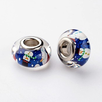 Large Hole Rondelle Resin European Beads, with Platinum Tone Brass Double Cores, Christmas, Marine Blue, 14x8mm, Hole: 5mm
