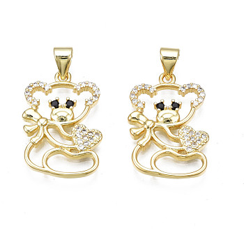 Brass Micro Pave Clear Cubic Zirconia Pendants, Nickel Free, Bear, Real 18K Gold Plated, 21x24.5x2mm, Hole: 3x5mm
