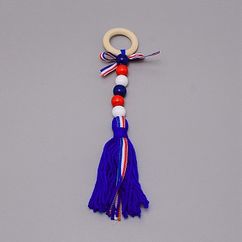 Independence Day Theme Wooden Ring & Woolen Yarn Tassels Pendant Decorations, with Wooden Beads, Dark Blue, 260mm