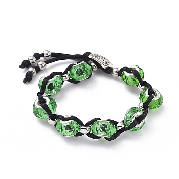 Handmade Glass European Beads Braided Bead Bracelets, with Nylon Thread and Alloy Shank Buttons, Green, 7-1/2 inch(190mm)