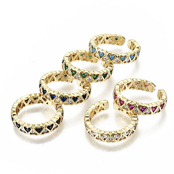 Brass Micro Pave Cubic Zirconia Cuff Rings, Open Rings, Real 18K Gold Plated, Nickel Free, Heart, Mixed Color, Inner Diameter: 18mm