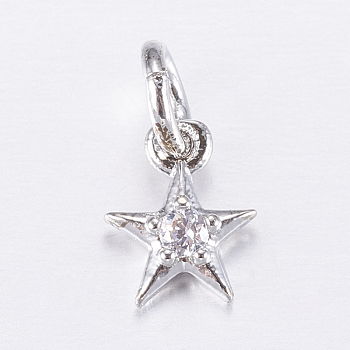 Brass Micro Pave Cubic Zirconia Charms, Star, Platinum, 8x6x2mm, Hole: 3mm