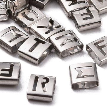 Letter Style 201 Stainless Steel Square Slide Charms, Random Mixed Letters, 9x8x4mm, Hole: 8x3mm(STAS-L132-M)