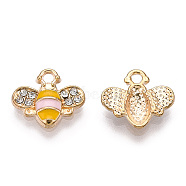 Golden Plated Alloy Enamel Charms, with Rhinestone, Bee Charm, Misty Rose, 12.5x14.5x2.5mm, Hole: 1.8mm(ENAM-G212-18G-04)