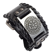 Imitation Leather Braided Bracelets, with Viking Rune Symbol Compass Metal Buckle, for Men, Black, 11x1-1/2 inch(28x3.8cm)(PW-WG41850-01)