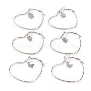Stainless Steel Hoop Earrings Sets, with Crystal Rhinestone, Heart & Clover & Butterfly, Stainless Steel Color, 88.5x53x2mm, Pin: 0.8mm, 3 pairs/set(EJEW-JE04453)