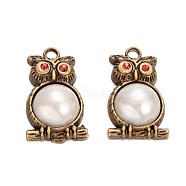 Antique Bronze Plated Alloy Rhinestone Pendants, with Acrylic Pearl Cabochons, Owl for Halloween, Nickel Free, Snow, 32x18x7mm, Hole: 3mm(PALLOY-J137-08AB-NF)