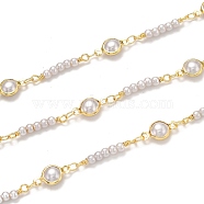 Handmade Brass Chains, with Acrylic Imitation Pearl and Spool, Long-Lasting Plated, Soldered, Golden, Links: 12.5x6.7x4mm and 20.6x3mm(CHC-L039-25G)
