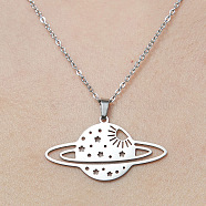 201 Stainless Steel Hollow Planet Pendant Necklace, Stainless Steel Color, 17.72 inch(45cm)(NJEW-OY001-75)