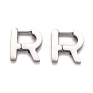 304 Stainless Steel Huggie Hoop Earrings, Letter R, Stainless Steel Color, 13x13x3mm, Pin: 1mm(STAS-H156-13P)