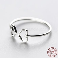 Sterling Silver Double Heart Open Cuff Ring for Women, Silver, Inner Diameter: 16~17mm(HEAR-PW0001-089S)