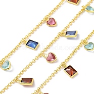 Colorful Glass Heart & Rectangle Charms Chains, with Rack Plating Eco-Friendly Handmade Brass Rolo Chains, Soldered, with Spool, Lead Free & Cadmium Free & Nickel Free, Real 18K Gold Plated, Link: 2x0.6mm(CHC-F844-09G)