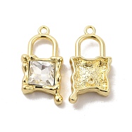 Glass Padlock Pendants, with Light Gold Alloy Finding, Long-Lasting Plated, Cadmium Free & Lead Free, Clear, 26.5x13.5x5.5mm, Hole: 1.8mm(PALLOY-E024-17G-02)