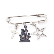 Iron Safety Brooch for Halloween, with Alloy Enamel Pendants, Haunted House & Star, Black, Antique Silver, 38mm(JEWB-BR00048-04)