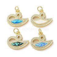 Brass Micro Pave Clear Cubic Zirconia Pendants, with Synthetic Opal, with Jump Ring, Real 18K Gold Plated, Swan, Mixed Color, 15x17.5x3mm, Hole: 3.6mm(KK-C045-42G)